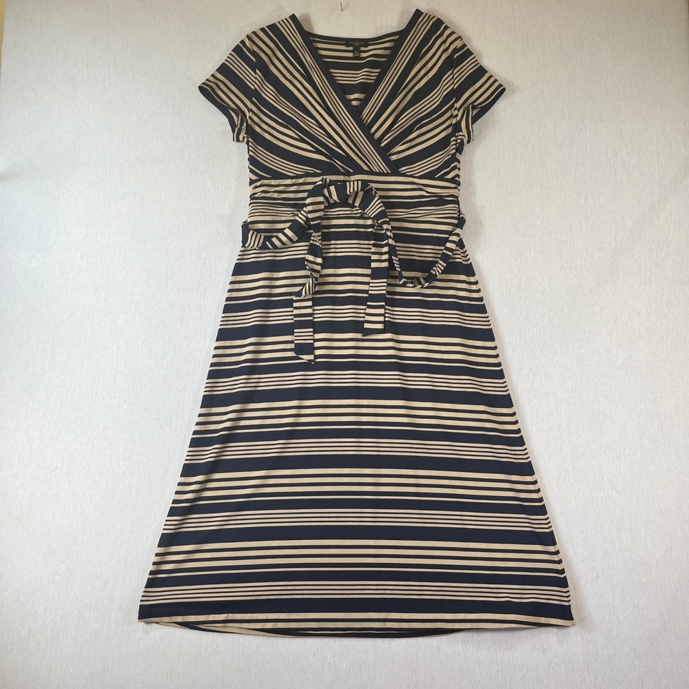 Talbots Petite Faux Wrap Dress S Navy Blue Tan Striped Belt Short Sleeve Stretch